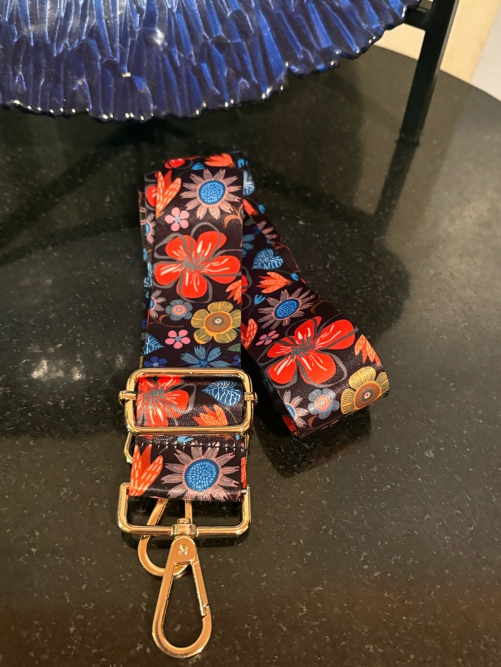 Adjustable Floral Purse Strap w/ Gold Hardware - Black with Red & Blue Flowers